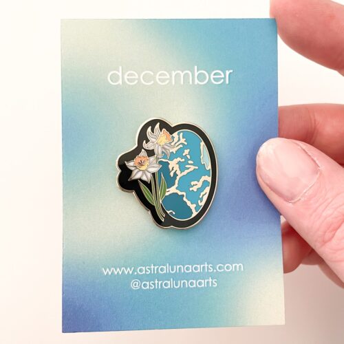 Turquoise and Narcissus pin in gold enamel. December month pin.