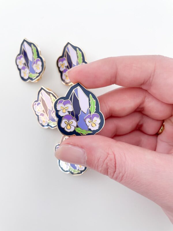February birth month pin with amethyst and violet flower.