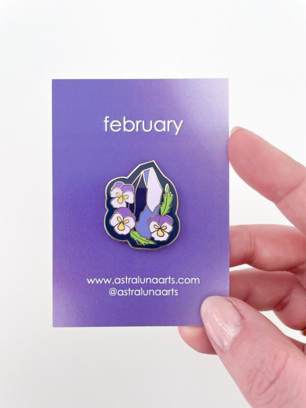 February birth month pin with amethyst and violet flower. on card ready to gift.