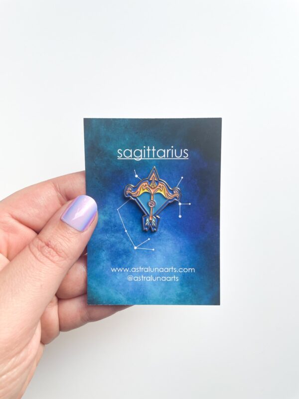 Blue and Gold Sagittarius Pin by Astraluna Arts. Sagittarius Pin with astrological card backing.