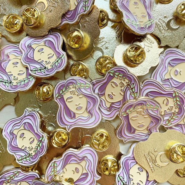 One of a kind Virgo Pins. Purple and Lavender Virgo pins with gold enamel backing.